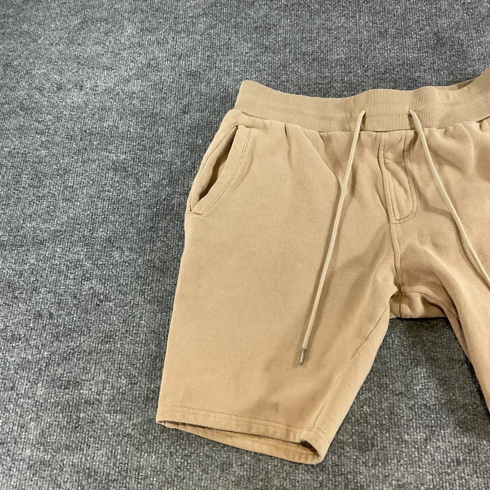 True Religion Mens Sweat Shorts Medium Beige Logo Drawstring Fleece Lounge M